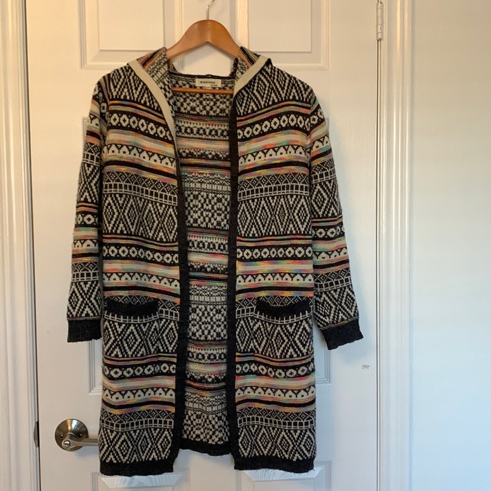 Monteau knit long sleeve hooded Aztec print open front cardigan size XS
